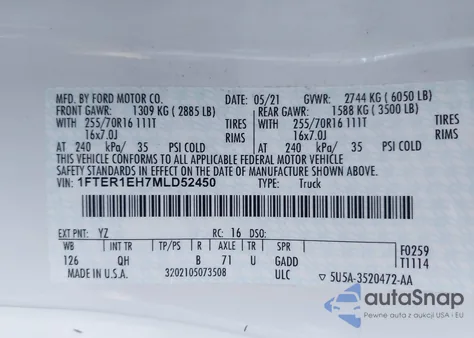 2021 Ford Ranger Xl from USA, damaged, VIN 1FTER1EH7MLD52450